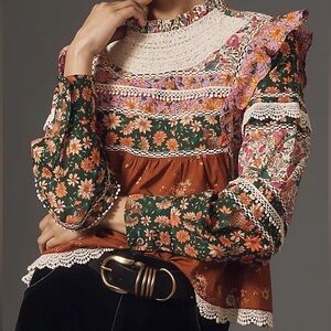 Farm Rio Lace-Bib Ruffle Blouse